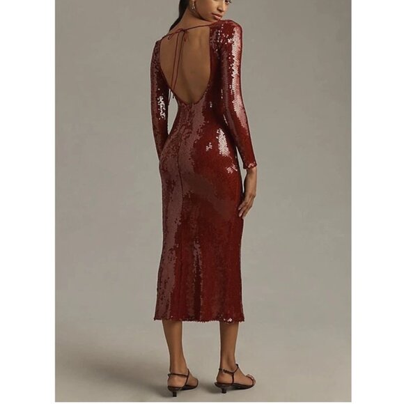 Anthropologie Bardot Verona Long Sleeve Sequin Slim Midi Dress Wine Size 2 - Picture 2 of 12